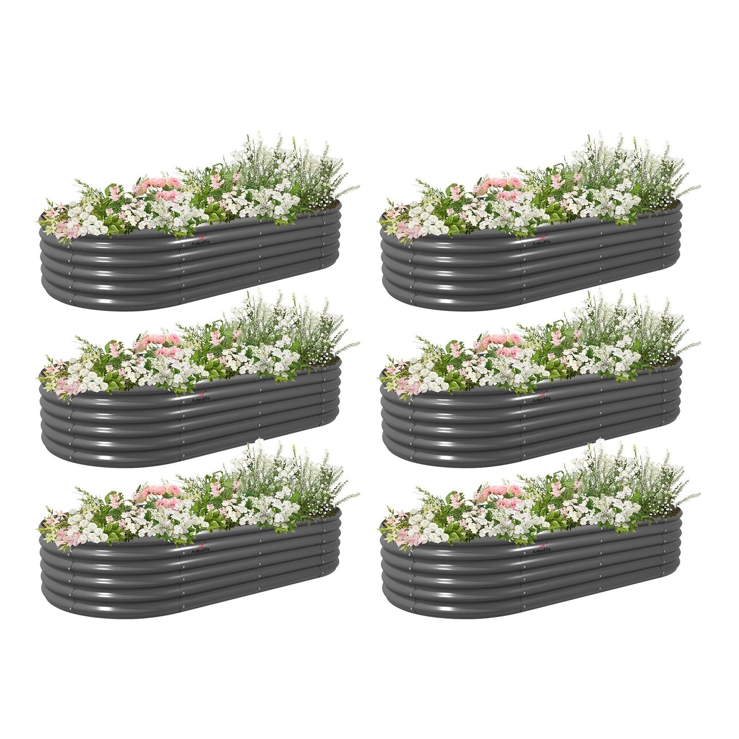 Set of 6: 8x4x1.5ft Grey Oval Galvanized Modular Metal Raised Garden Bed