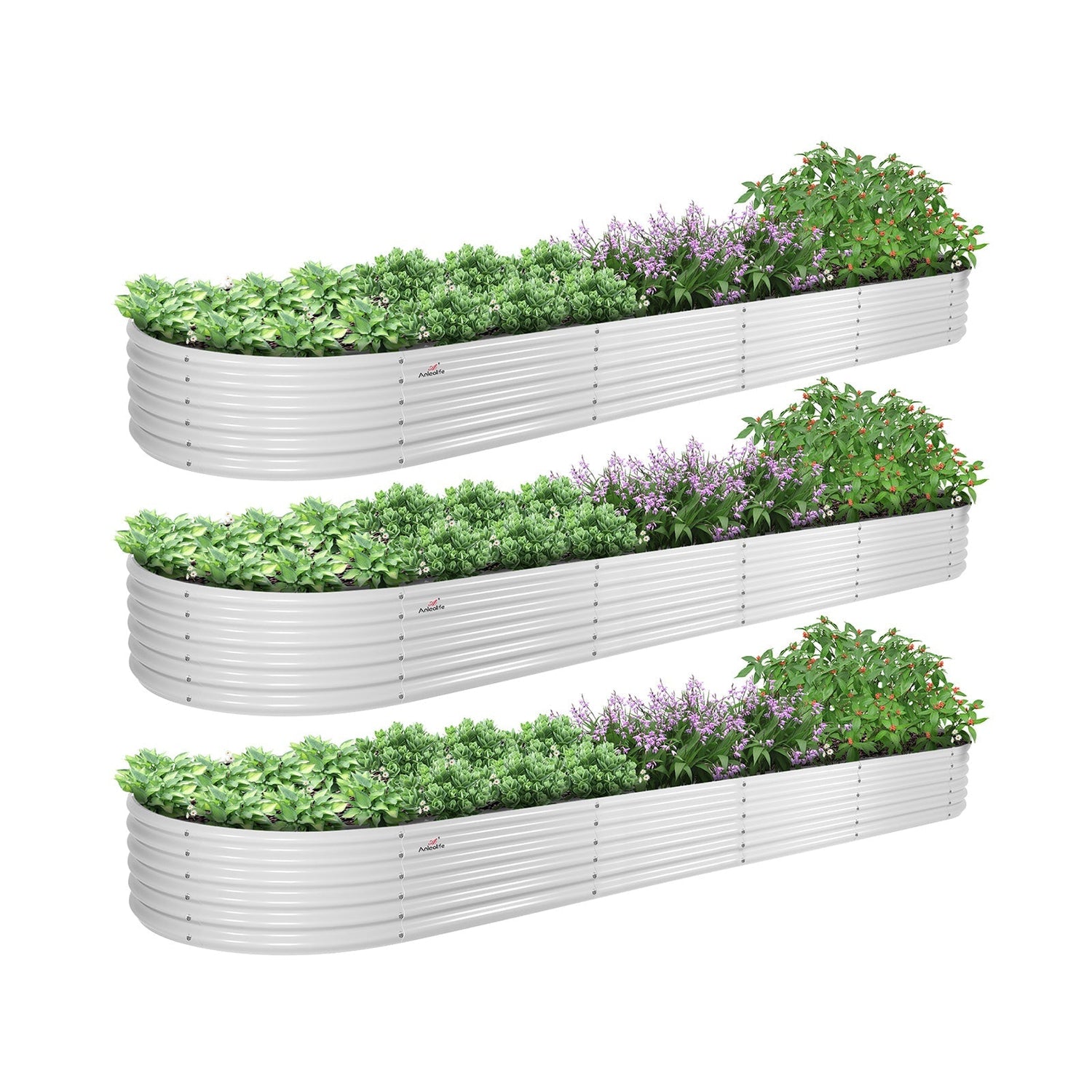 Set of 3: 12x3x1.5ft Oval Modular Metal Raised Garden Bed (White)