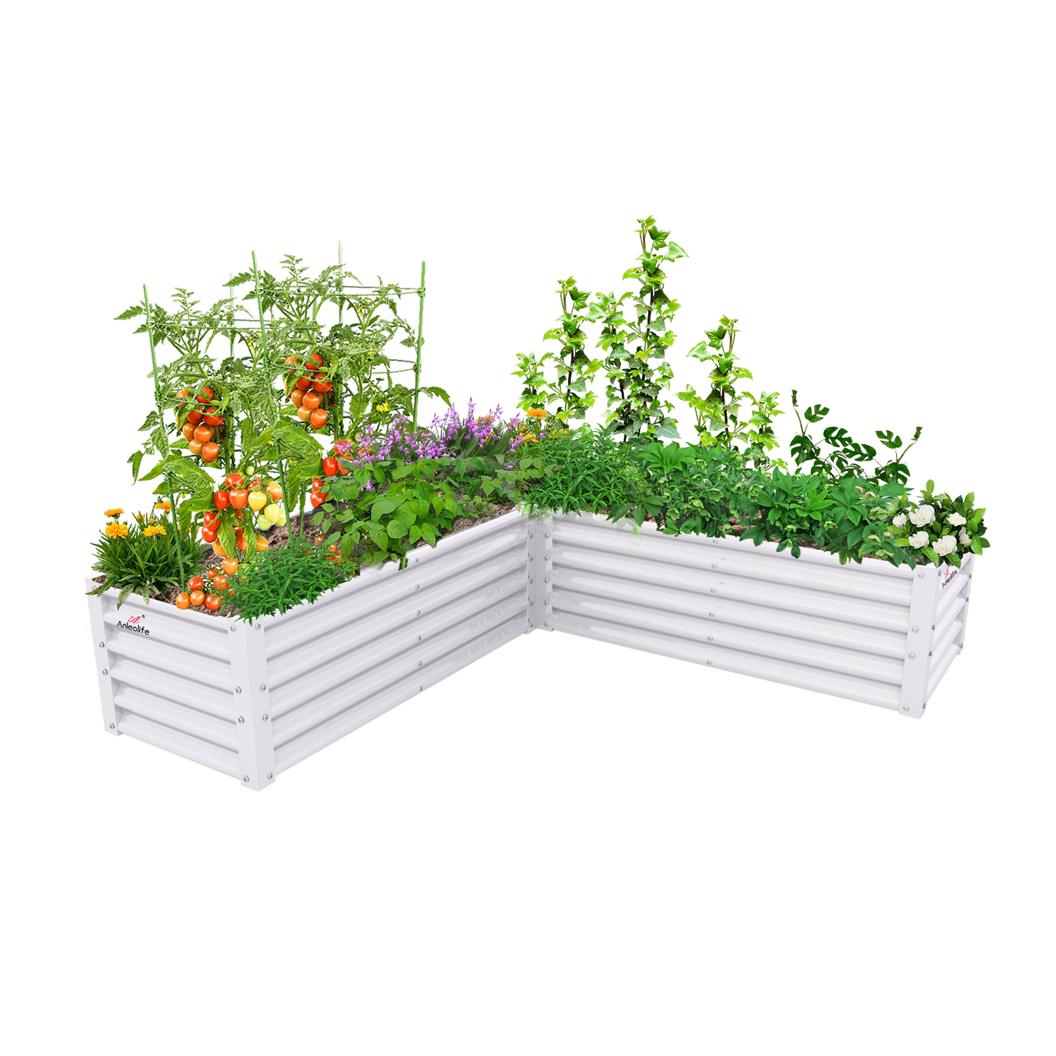 74x74x18in White L-Shaped Large Galvanized Raised Garden Beds,  Anti-Rust & Easy-Setup