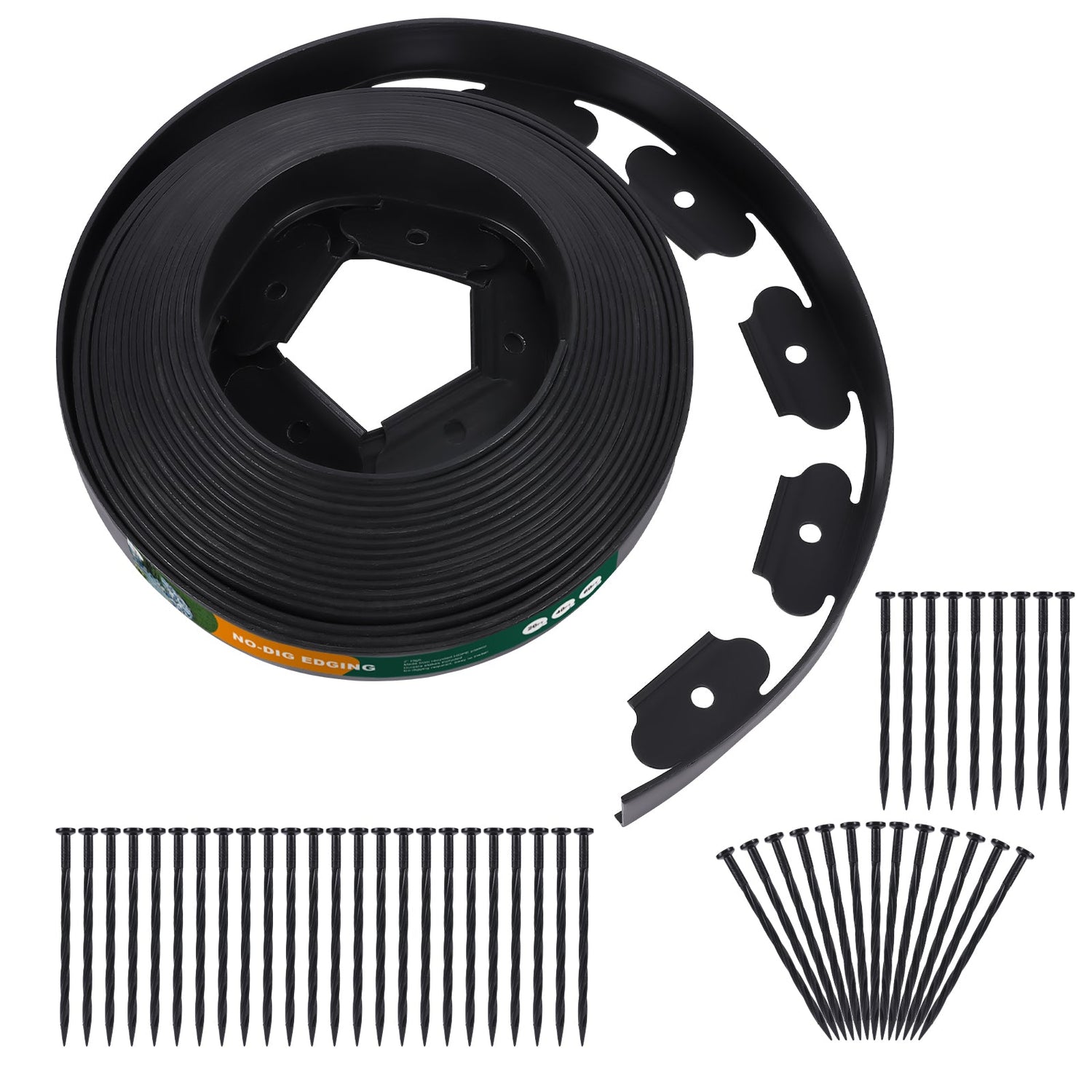 2''x20ft No-dig Black Plastic Garden Landscape Edging Kit, 24pcs Spikes incl.