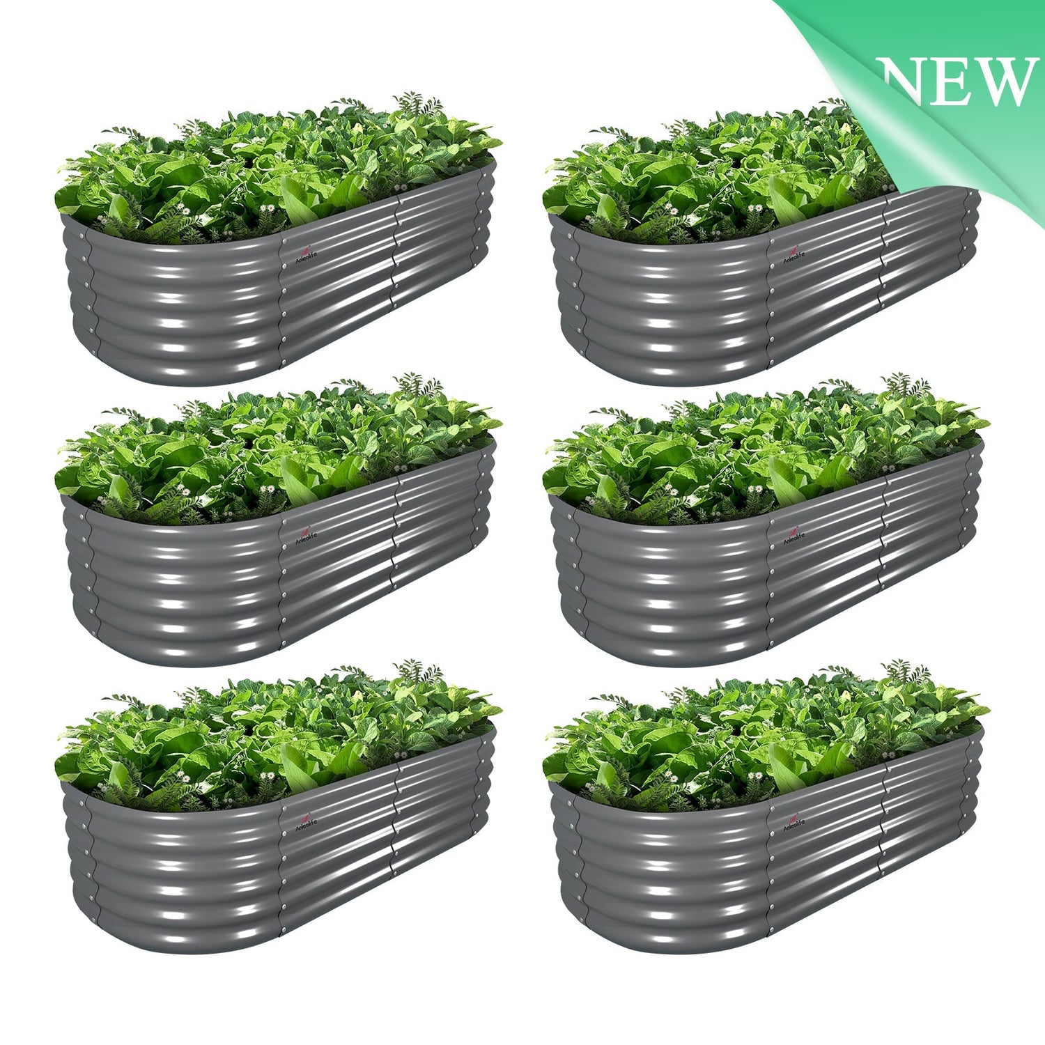 Set of 6：6x2x1.5ft Oval Metal Raised Modular Garden Bed (Grey)