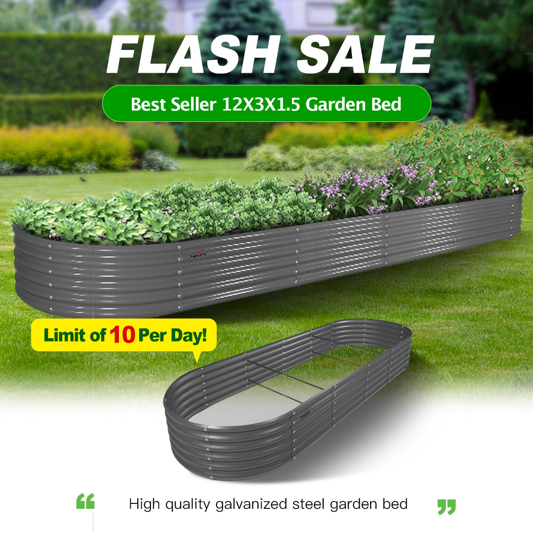 12x3x1.5ft  Grey Oval Galvanized Modular Metal Raised Garden Bed,  Super Long for More Growing Acreage