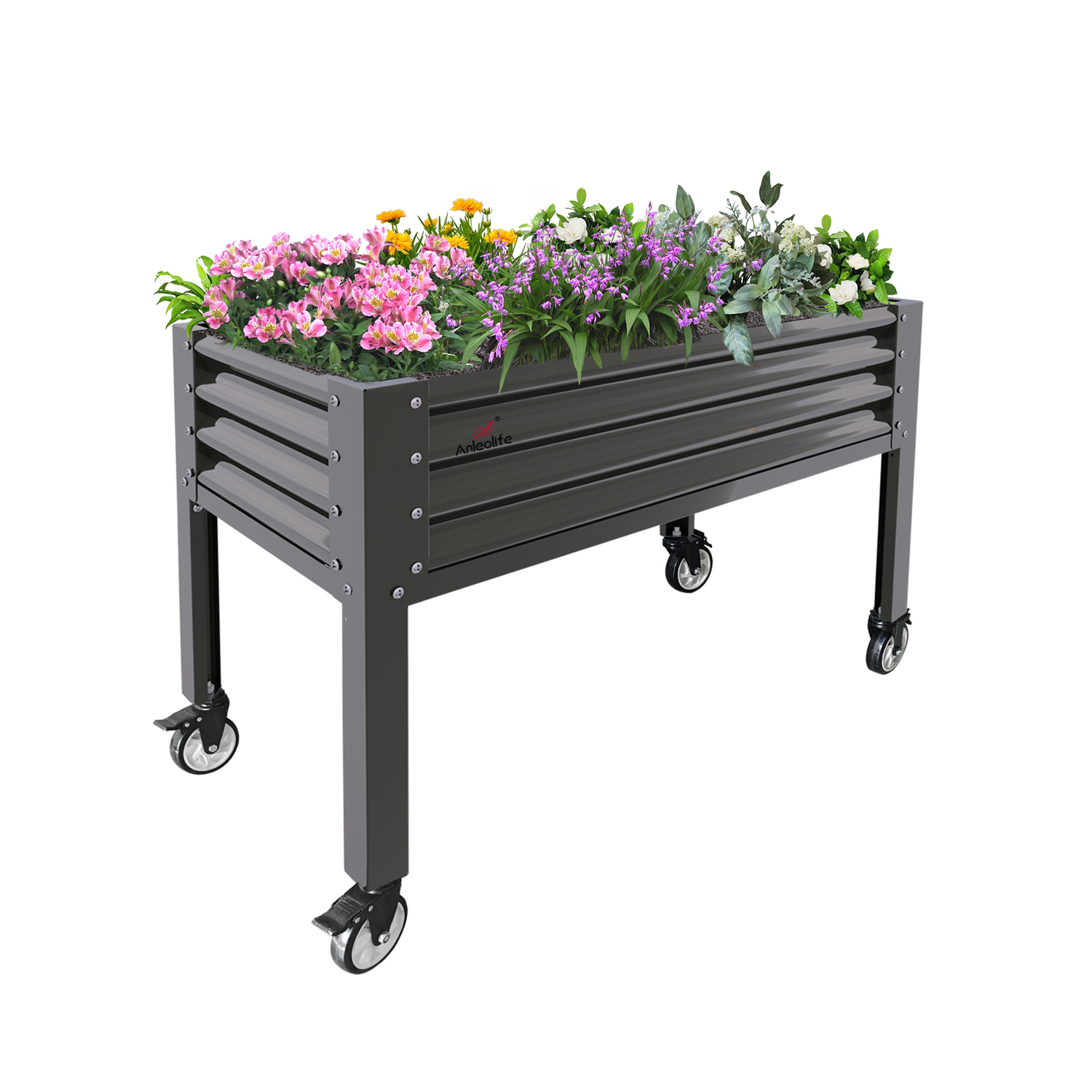 48x24x35in Grey Elevated Galvanized Raised Garden Bed on Wheels with Drainage Holes, 600lb Capacity