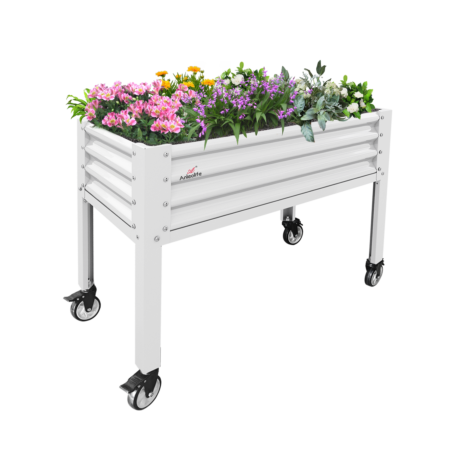 48x24x35in White Elevated Galvanized Raised Garden Bed on Wheels with Drainage Holes, 600lb Capacity