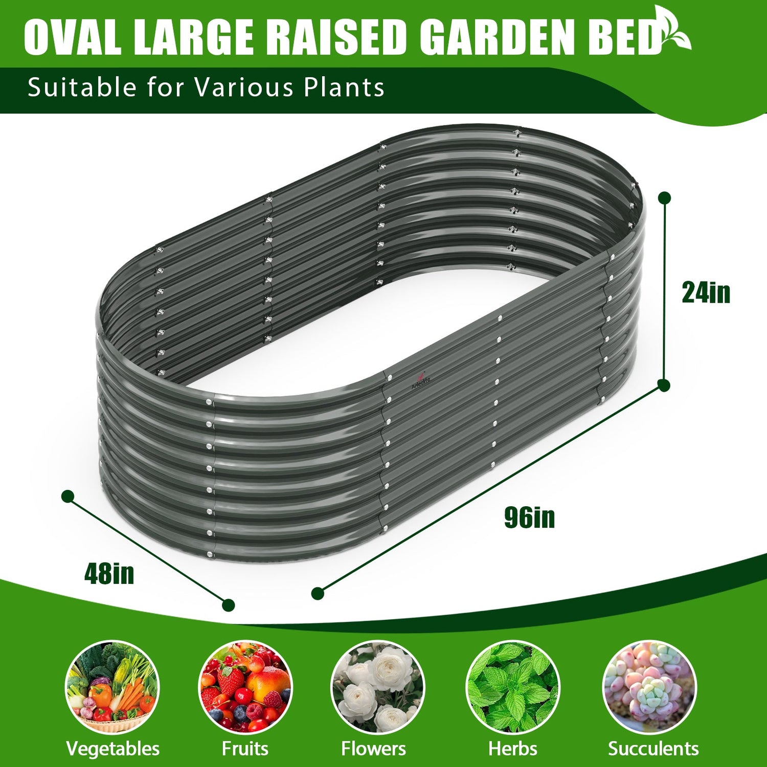 Set of 3: 8x4x2ft Grey Oval Galvanized Modular Metal Raised Garden Bed