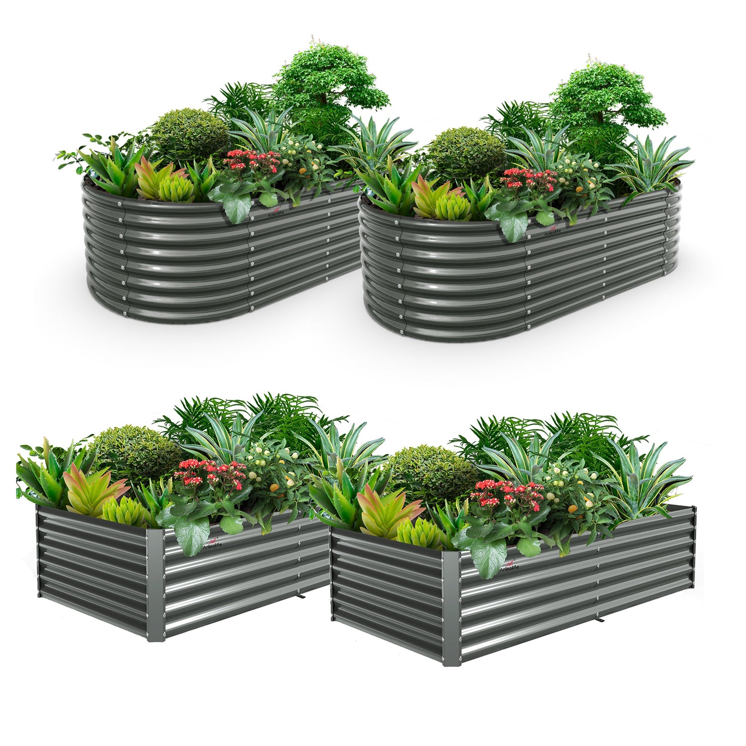 Set of 4:  8x4x2ft Oval and 8x4x1.5ft Rectangular Grey Modular Metal Raised Garden Beds