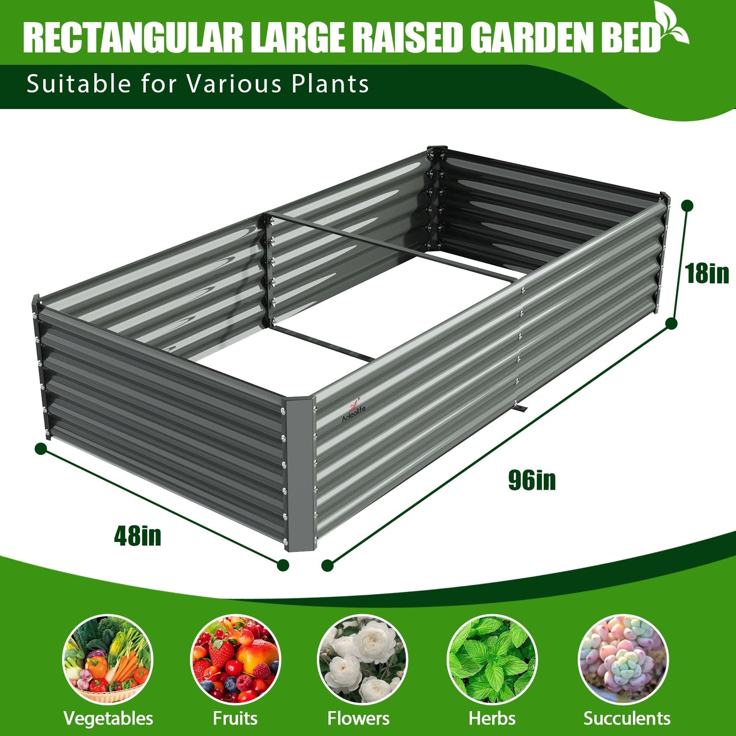 Set of 2: 8x4x1.5ft Grey Rectangular Galvanized Modular Metal Raised Garden Bed