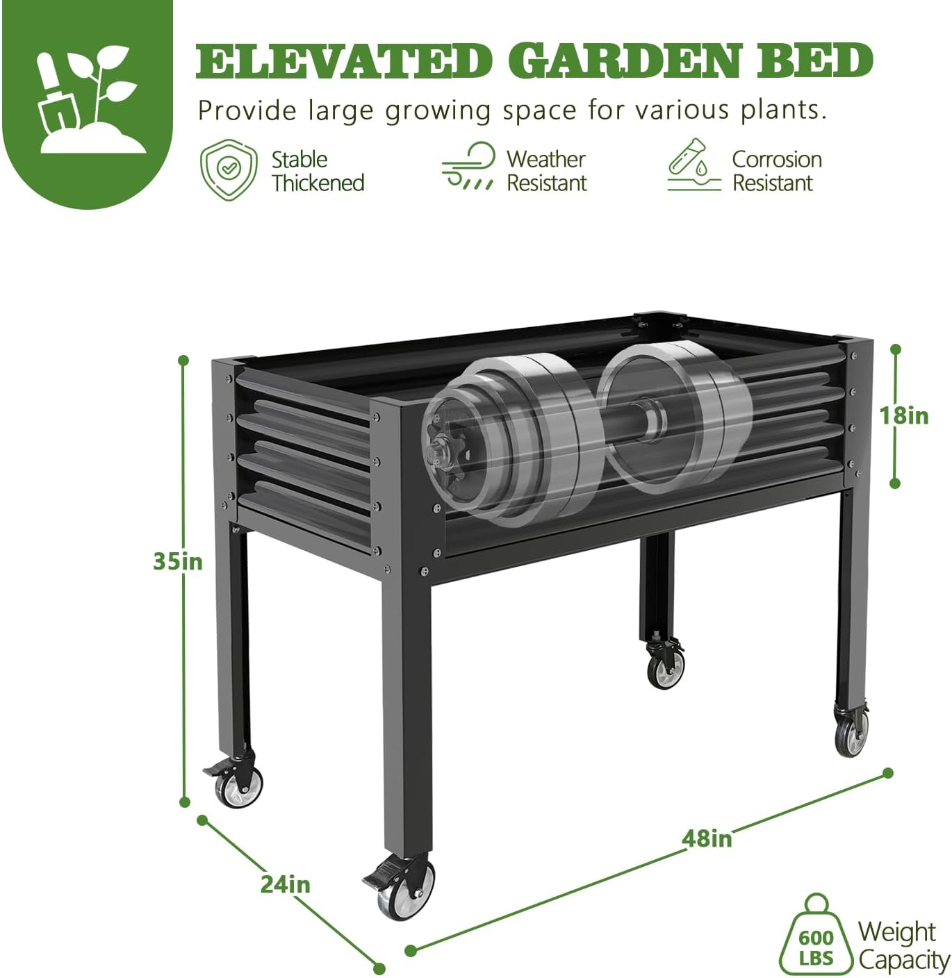 48x24x35in Grey Elevated Galvanized Raised Garden Bed on Wheels with Drainage Holes, 600lb Capacity