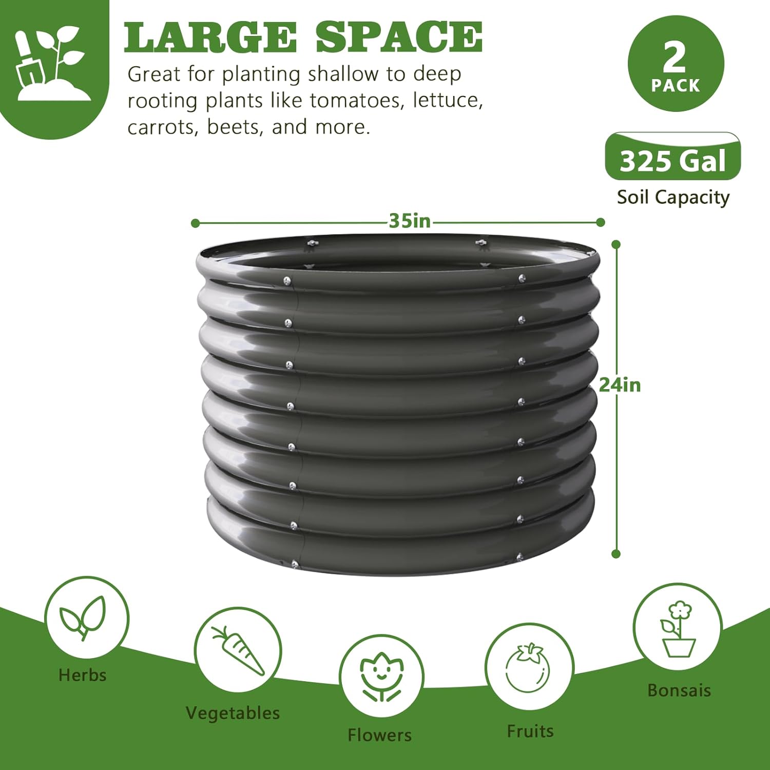 Set of 2:3ft x 24”Tall Grey Round Galvanized Raised Garden Beds, Anti-Rust & Easy-Setup