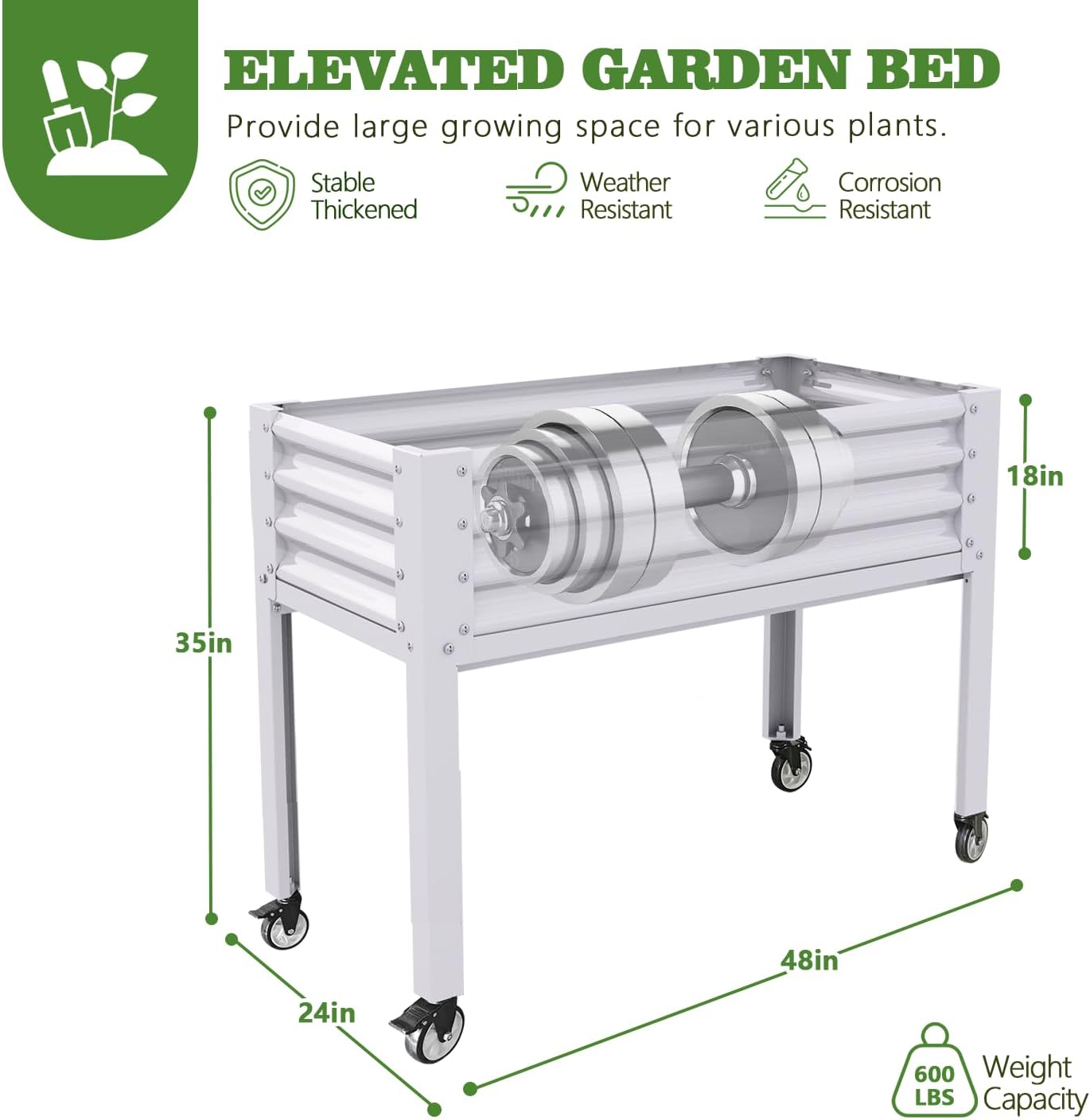 4x2x3ft White Elevated Galvanized Raised Garden Bed on Wheels with Drainage Holes, 600lb Capacity