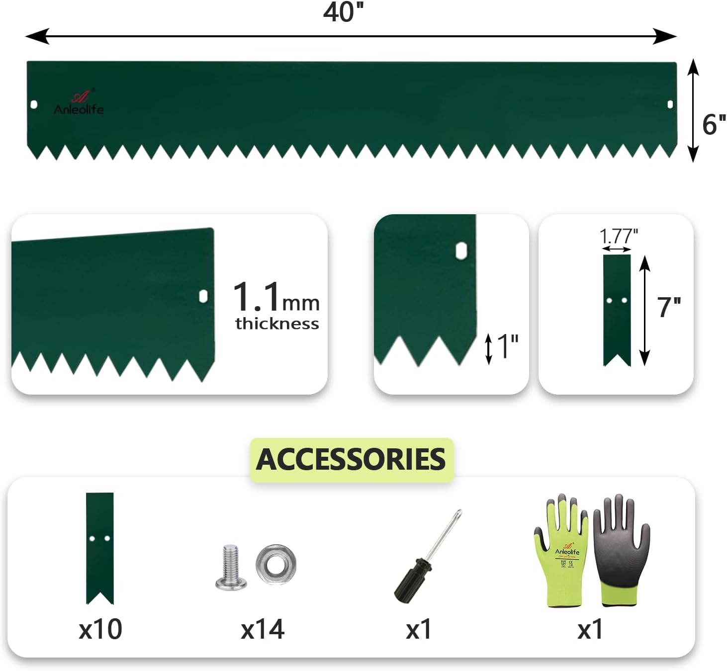 6" x 40" Galvanized Steel Garden Edging, 6-Pack (20FT Total), Powder coating, Gloves & Stakes - Green