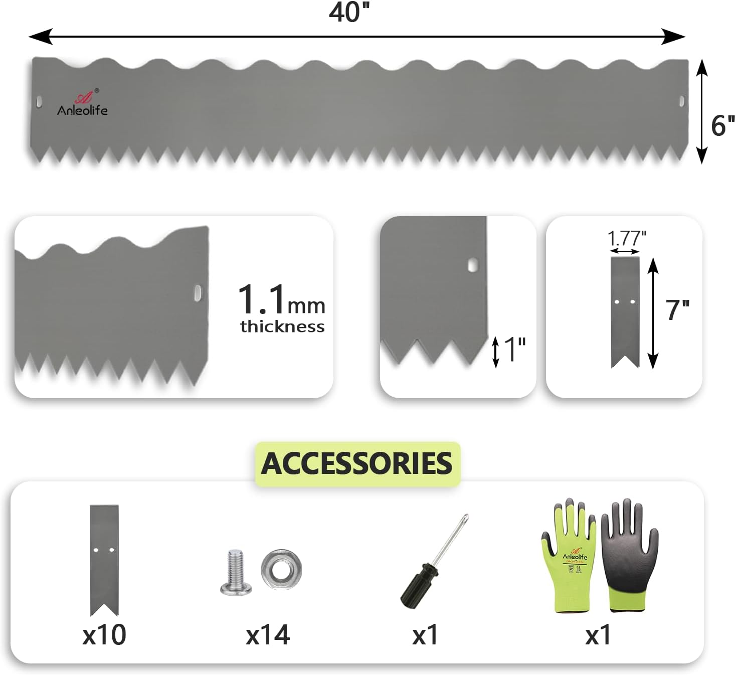 6" x 40" Galvanized Steel Garden Edging, 6-Pack (20FT Total), Powder Coating, Gloves & Stakes - Grey