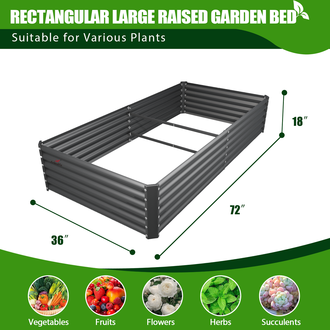 6x3x1.5ft Grey Rectangular Galvanized Modular Metal Raised Garden Bed