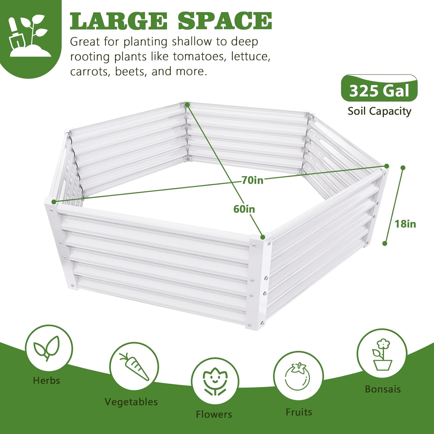 70x60x18in White Hexagon Galvanized Raised Garden Beds Outdoor, Anti-Rust & Easy-Setup