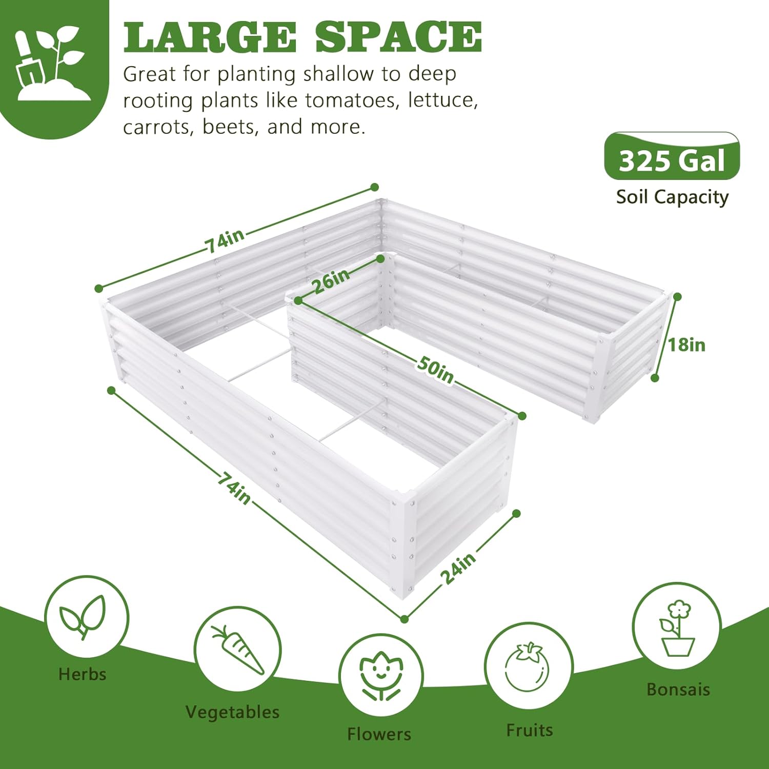 6x6x1.5ft White U-Shaped Galvanized Raised Garden Beds, Anti-Rust & Easy-Setup