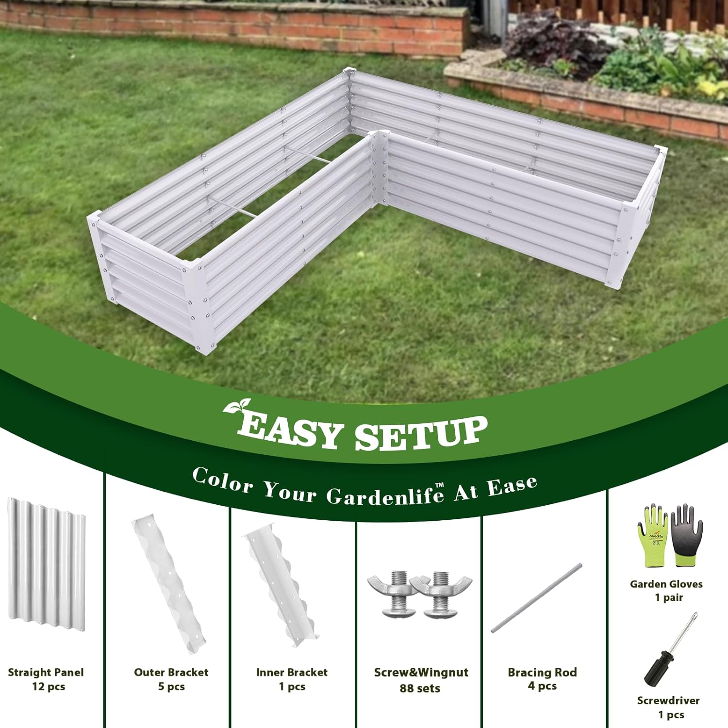 74x74x18in White L-Shaped Large Galvanized Raised Garden Beds,  Anti-Rust & Easy-Setup