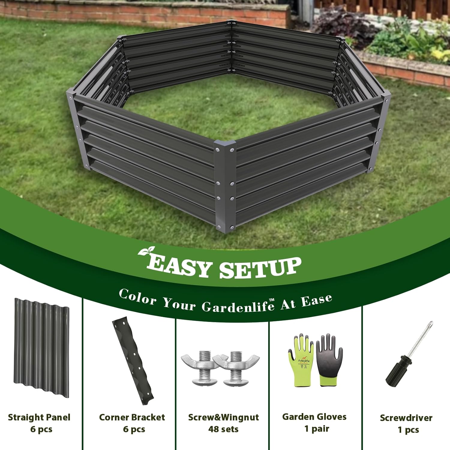 70x60x18in Grey Hexagon Galvanized Raised Garden Beds,Anti-Rust & Easy-Setup