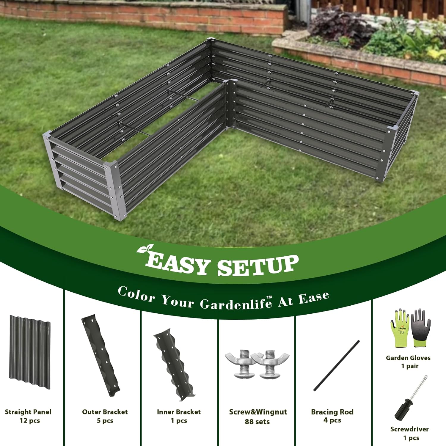 74x74x18in Grey L-Shaped Large Galvanized Raised Garden Beds Outdoor, Anti-Rust & Easy-Setup