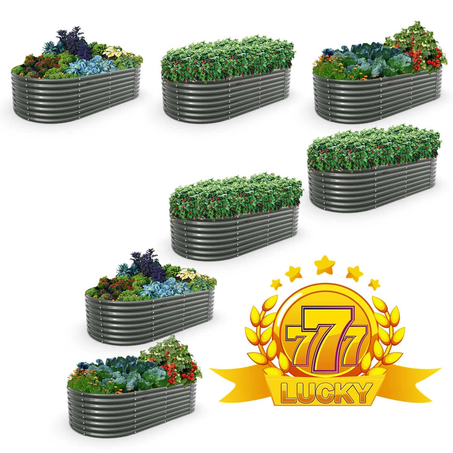 Set of 7: 8x4x2ft Oval Modular Metal Raised Garden Beds (Grey)