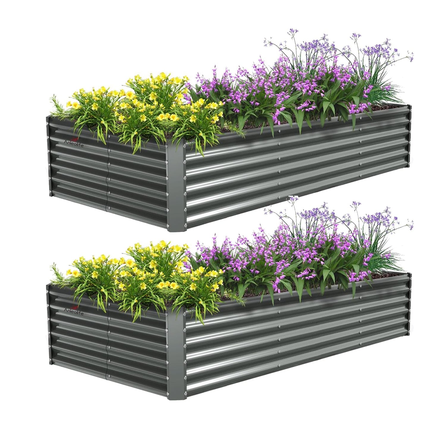 Set of 2: 8x4x1.5ft Grey Rectangular Galvanized Modular Metal Raised Garden Bed