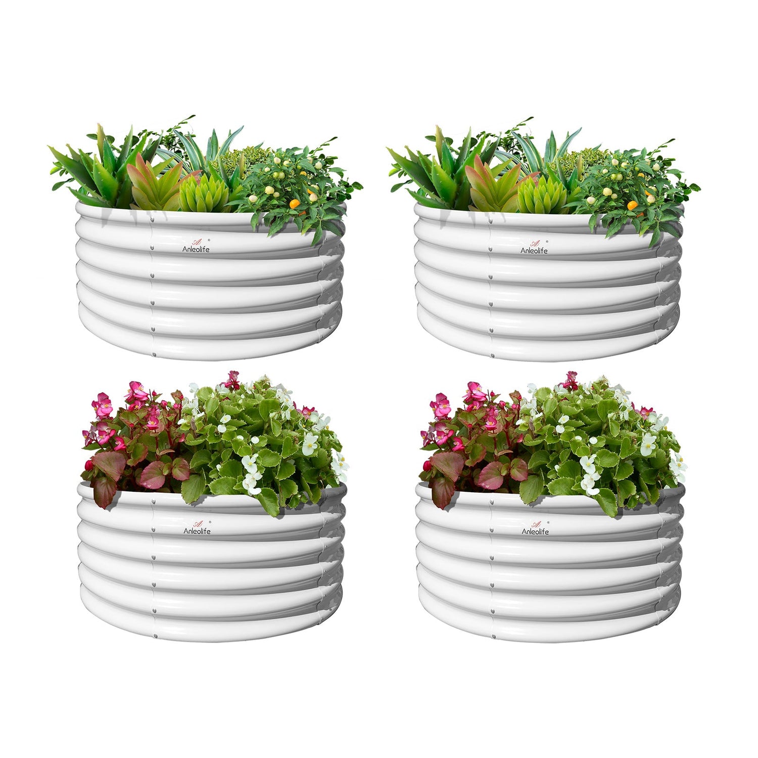 Set of 4: 48"x48"x18" Round Metal Raised Garden Beds (White/Grey), Large Inner Space