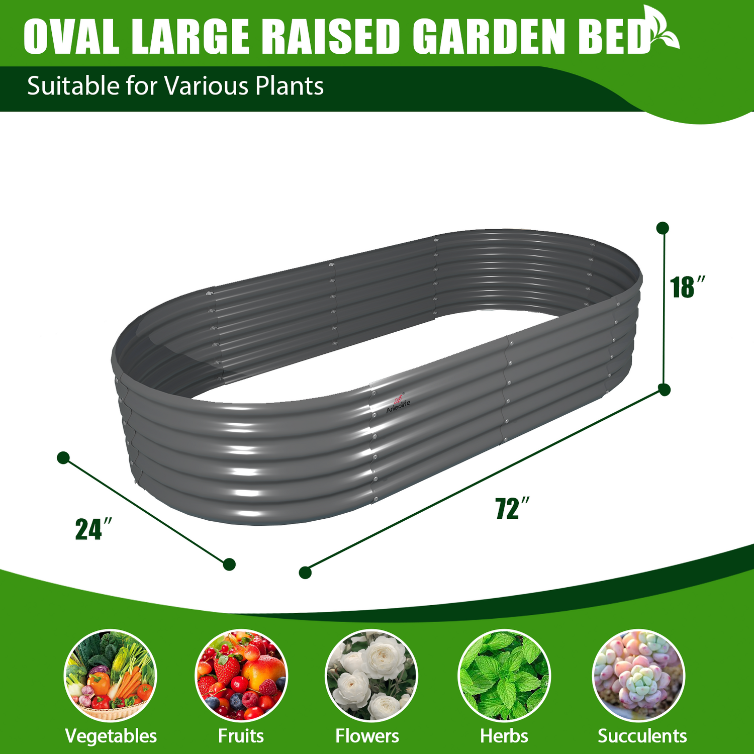 6x2x1.5ft Grey Oval Galvanized Metal Raised Modular Garden Bed,Mini Size