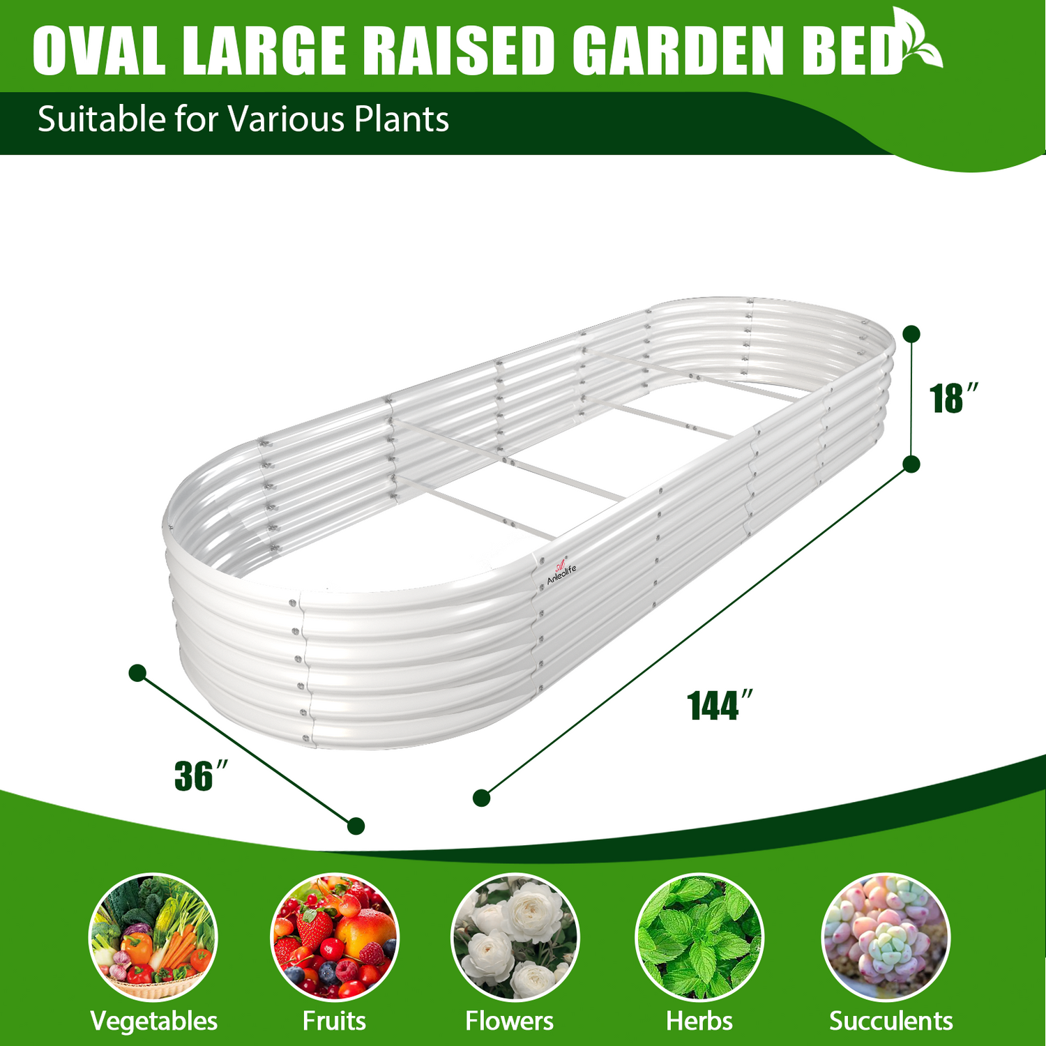 Set of 3: 12x3x1.5ft Oval Modular Metal Raised Garden Bed (White)