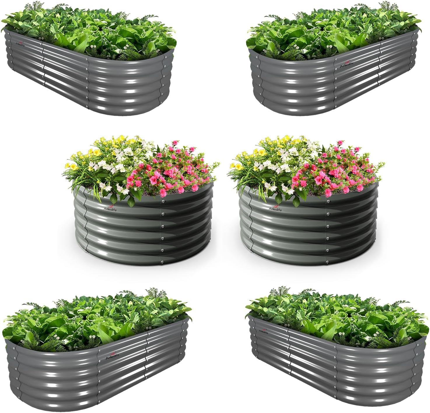 Set of 6: 2pcs(4x1.5ft) & 4 pcs (6x2x1.5ft) Metal Raised Garden Bed (Grey)