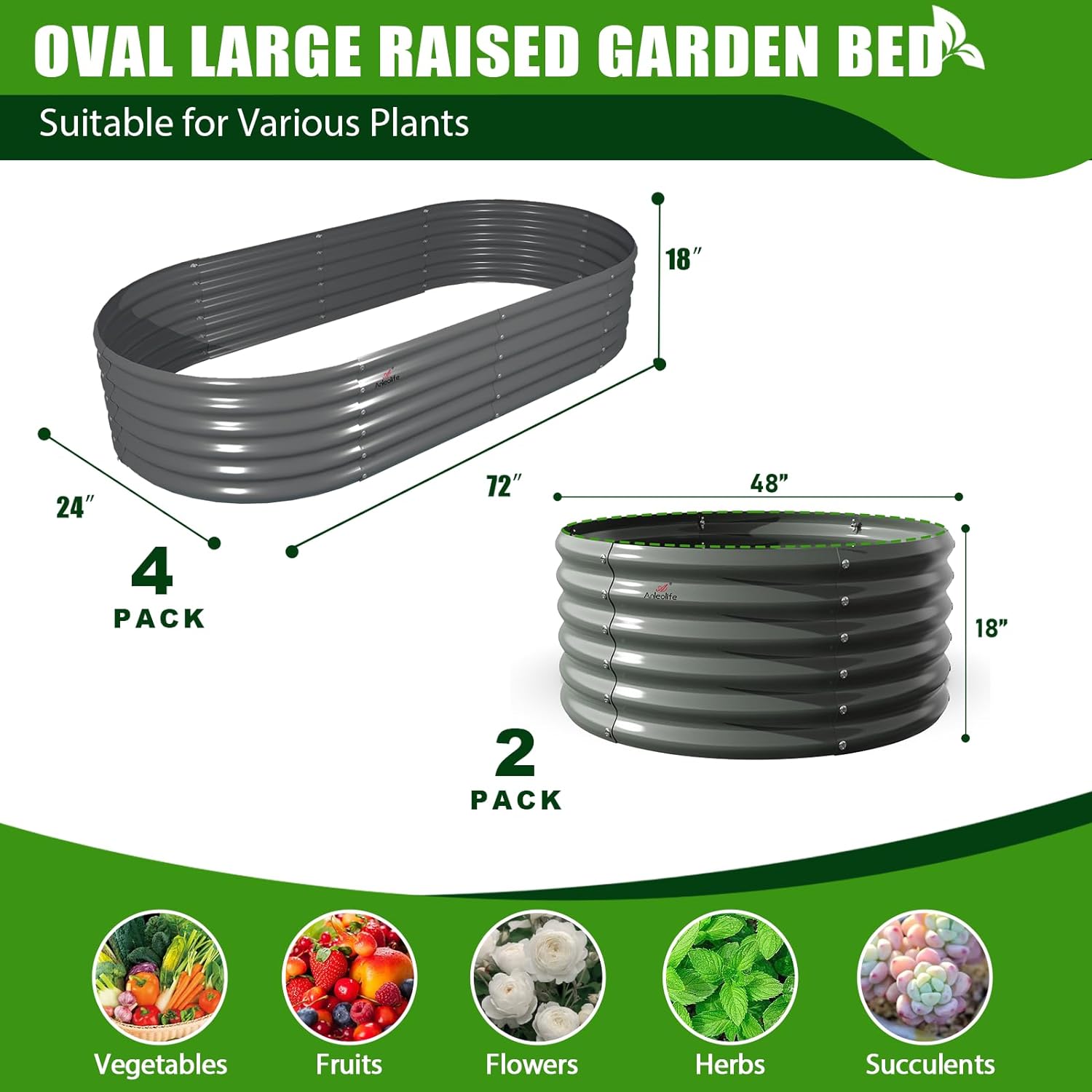 Set of 6: 2pcs(4x1.5ft) & 4 pcs (6x2x1.5ft) Metal Raised Garden Bed (Grey)