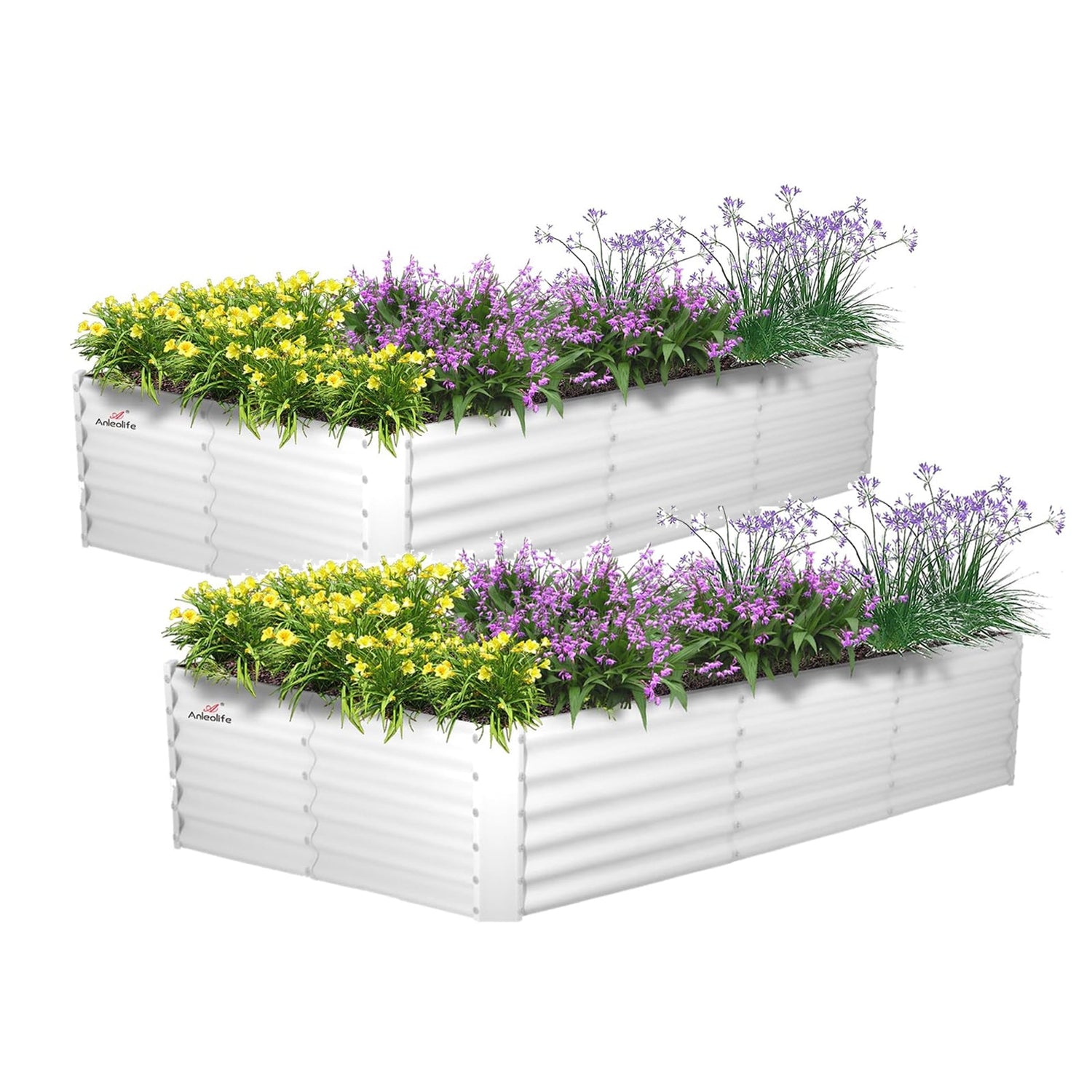 Set of 2: 8x4x1.5ft White Rectangular Galvanized Modular Metal Raised Garden Bed